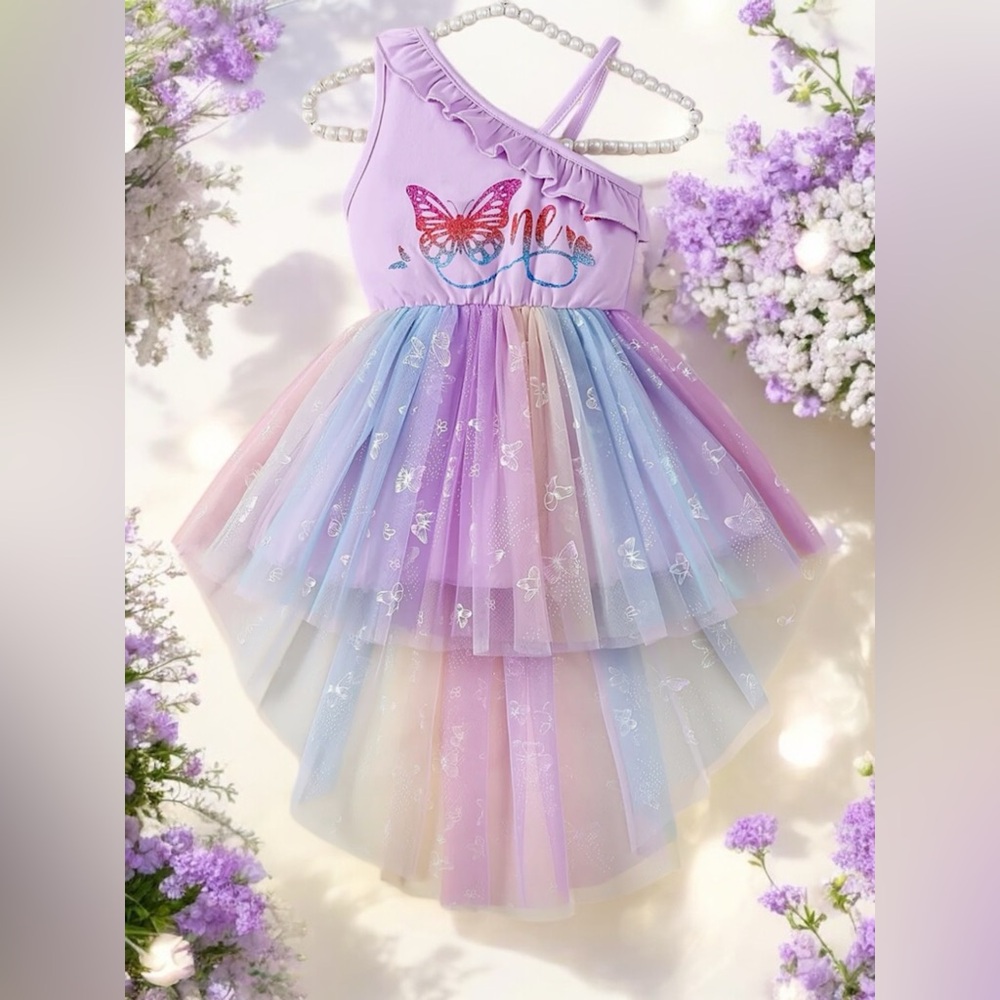 🌸💜🦋Butterfly “One” Foil Ruffle Trim Tutu Dress!!🦋💜🌸